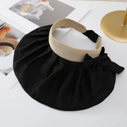 Women Sun Visor Hat UV Protection Large Brim Foldable Bow Decor Satin Straw Woven Empty Top Shell Beach Cap Elegant