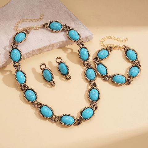 Bohemian Vintage Ethnic Necklace Bracelet Earrings With Oval Turquoise Resin Alloy And Silver Earring Post For Women