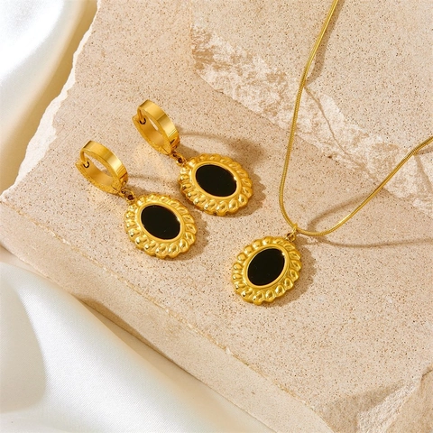 French Vintage Stainless Steel Oval Pendant Shell Necklace Earrings Jewelry Set Gold Black White Geometric Jewelry Set