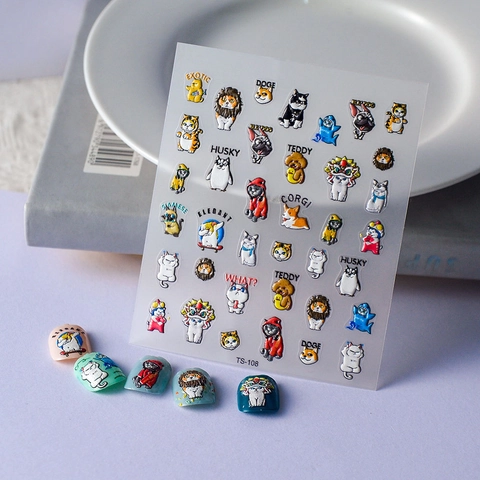 Pegatinas De Arte De Uñas En Relieve 5D Patrón De Animales Dibujos Animados Perro Gato 3D Autoadhesivas Decoración Manicura
