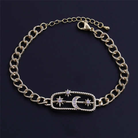 Bracelet À Charme Lune Étoile Jonc En Acier Inoxydable Chaîne Cuivre Incrustation Zircon Bijoux Mode Réglables Femmes