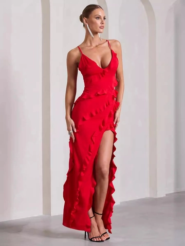 Damen Sexy Spaghettiträger Maxikleid V Ausschnitt Rückenfrei Seitenschlitz Rüschen Dekoration Polyester Elasthan Schmale Passform Abendparty