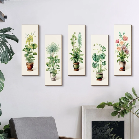 Potted Plant Wall Decor Botanical Illustrations MDF Wood Vertical Hanging Plaques Vintage Style Home Decorations