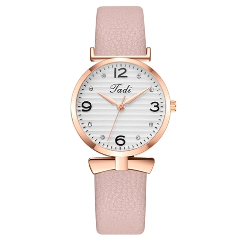 Elegant Women Quartz Watch Rose Gold Metal Case Bow Decoration Faux Leather Strap Rhinestone Markers Wave Pattern Dial