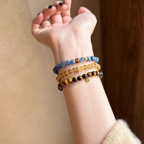 Tiger Eye Citrine And Blue Natural Stone Layered Beaded Bracelet With Copper Coin Pendant Stackable Fashion Jewelry For Women