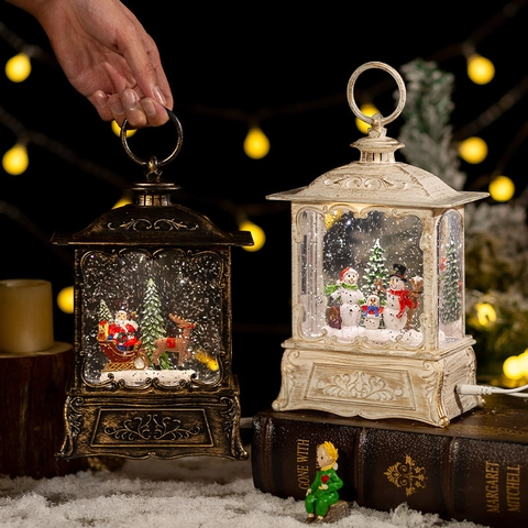 Farol Musical Bola De Nieve Navideña Vintage Luz LED Nieve Automática Papá Noel Muñeco De Nieve Adorno Decorativo Hogar