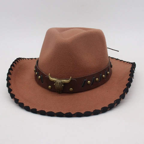 Western Cowboy Hat Felt Faux Leather Band Metal Bull Head Ornament Vintage Jazz Fedora Ethnic For Unisex