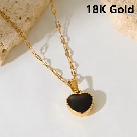 Collier Pendentif Cœur Étoile De Mer Disque Plqué Or 18K Acier Titane Agate Noire Style Ins Vintage Pour Femme