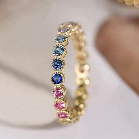 Eternity Ring Gold Plated Copper Colorful Cubic Zirconia Milgrain Edge Rainbow Band Daily Sweet Jewelry For Women
