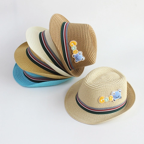 Cappello Di Paglia Fedora Per Bambini Protezione Solare Estiva Traspirante Berretto Da Spiaggia Con Patch Cartone Animato Nastro A Righe