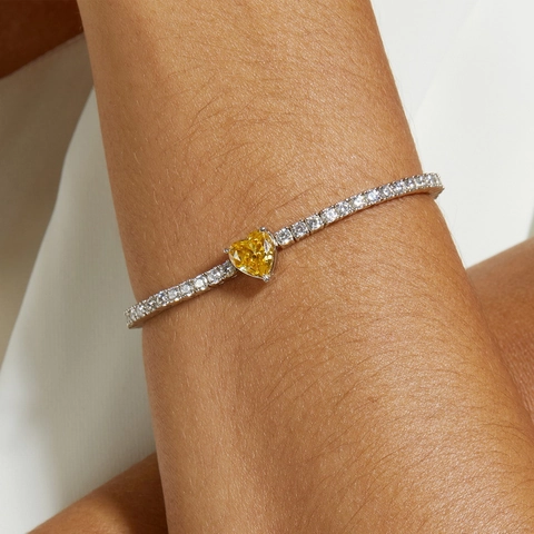 Bracciale Tennis in Argento Sterling S925 a Cuore Con Strass Gialli Catena Regolabile per Donna Elegante Gioielli alla Moda Regalo