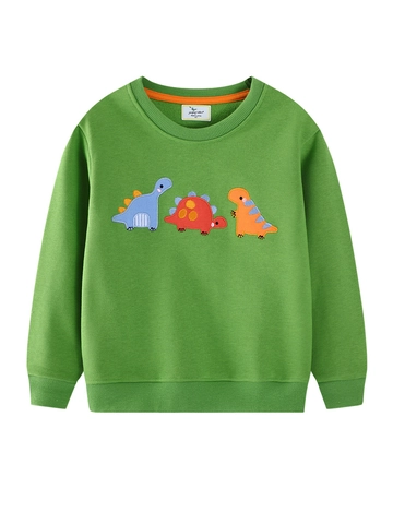 Boys Dinosaur Sweatshirt Cotton Blend Long Sleeve Crew Neck Pullover Embroidered Cartoon Top For Toddler Kids Casual Autumn Outfit