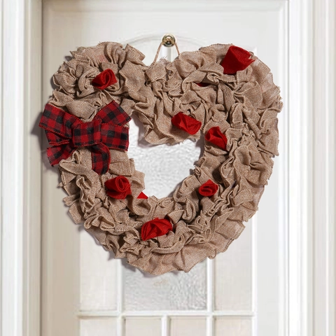 Ghirlanda A Forma Di Cuore Tessuto Juta Buffalo Plaid Fiocco Romantico San Valentino Matrimonio Decorazione Porta Casa