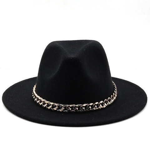 British Style Wide Brim Fedora Hat Gold Chain Woolen Felt Jazz Hat For Women Men Fashion Flat Top Winter Warm Panama Hat