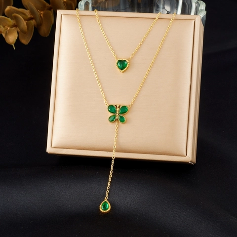 Double-Layer Stainless Steel Necklace With Heart Butterfly Water Drop Pendants Rhinestone Inlaid Fashion Jewelry For Women