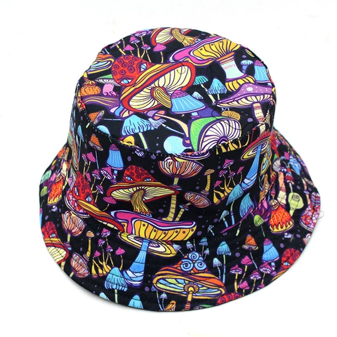 Bob à Imprimé Champignons Colorés pour Femmes Hommes Coton Polyester Double Face Protection Solaire Mode Extérieure