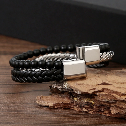 Bracelet Multicouche Pour Homme Avec Chaîne En Acier Inoxydable Cuir Tressé Et Perles D'obsidienne Mate Fermoir Magnétique