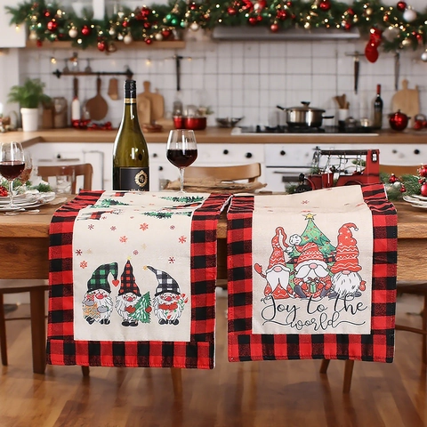 Christmas Table Runner Linen Buffalo Plaid Red Black Gnomes Print Merry Christmas Joy To The World Dining Decor