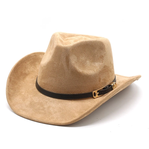 Chapeau De Cow-Boy Occidental Suédine Large Bord Vintage Fedora Avec Décor De Boucle De Ceinture Jazz