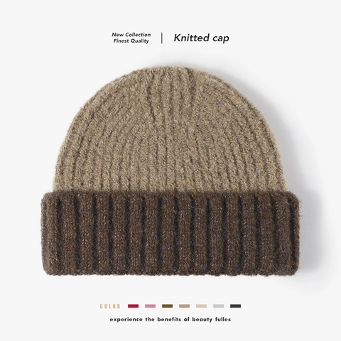 Gorro De Punto Color Block Cálido Grueso Mezcla De Lana Acanalado Borde Doblado Invierno Exterior Moda Para Mujeres