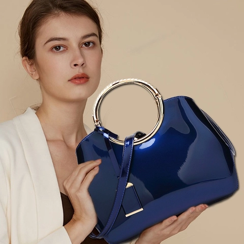 Women Glossy Patent Leather Handbag Elegant Golden Metal Ring Handle Shoulder Crossbody Bag Bridal Wedding Party Evening