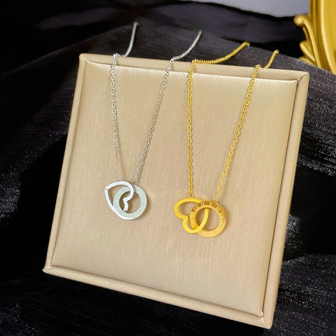 Titanium Steel Necklace With Interlocking Heart And Roman Numeral Rings Minimalist Clavicle Chain Jewelry For Women