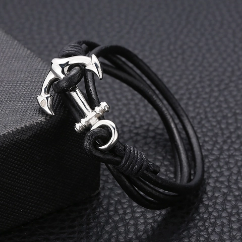 Anchor Bracelet For Men Braided Leather Stainless Steel Nautical Navy Style Multi Layer Wrap Jewelry
