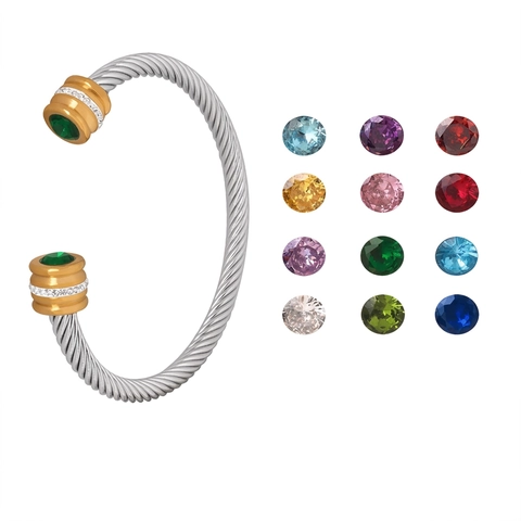 Twisted Cable Open Cuff Bracelet Stainless Steel Colorful Zircon Rhinestone Adjustable Mixed Toned Retro Jewelry For Women