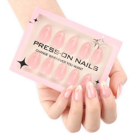 Unghie Finte Press On Nails Rosa Nude Francese Lucido Forma Mandorla Plastica Manicure Artificiale Per Donne