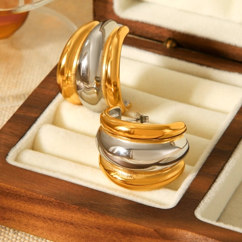 Orecchini A Cerchio A Forma Di C Contrasto Oro E Argento Acciaio Inossidabile Gioielli Minimalisti Per Donne