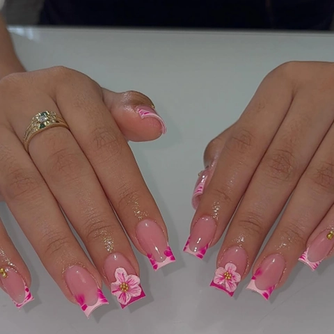 French Pink Zebra Press On Nails Medium Long Square Fake Nails With 3D Flowers Golden Beads Sweet Elegant For Women