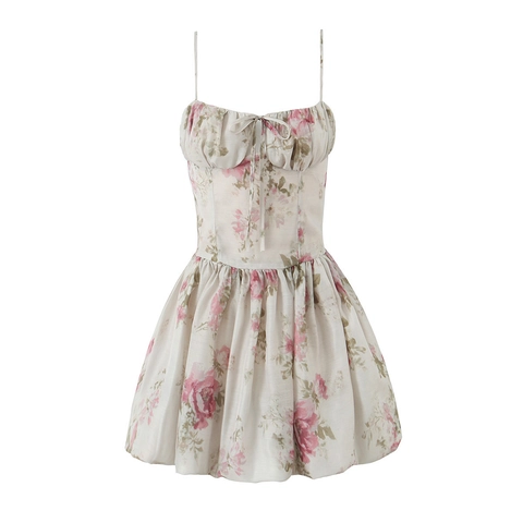 Floral Print Mini Dress Polyester Satin Spaghetti Strap Bow Smocked Waist Vintage Sweet Sleeveless V Neck Women