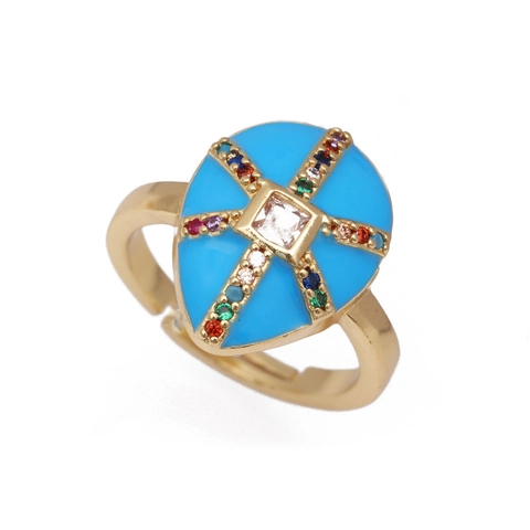 Vintage Böser Blick Wassertropfen Offener Ring Kupfer Vergoldet Mikro Zirkonia Bunte Emaille Verstellbarer Schmuck