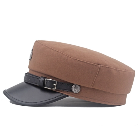 Vintage Marine Seemannsmütze Für Damen Mit PU Lederkrempe Und Metallanker Abzeichen Flache Schiffermütze