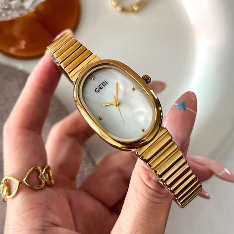 Elegant Women Quartz Watch Oval Mother Of Artificial Pearl Dial Metal Stretch Band Minimalist Waterproof Fashion Wristwatch For Lady