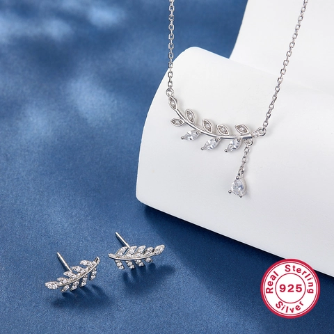 925 Sterling Silver Leaf Necklace Earring Jewelry Elegant Zirconia Waterdrop Pendant Stud Earrings Women Accessory Gift
