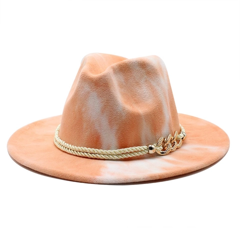 Brede Rand Fedora Hoed Katoen Polyester Tie Dye Marmeren Print Jazz Vilten Cap Met Gevlochten Touw Metalen Ketting Dames Heren