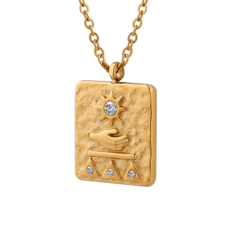 Oud-Egyptisch Reliëf Zon Hand Hanger Ketting Titanium Staal 18K Verguld Zirkoon Vierkante Plaat Vintage Sieraden Voor Dames
