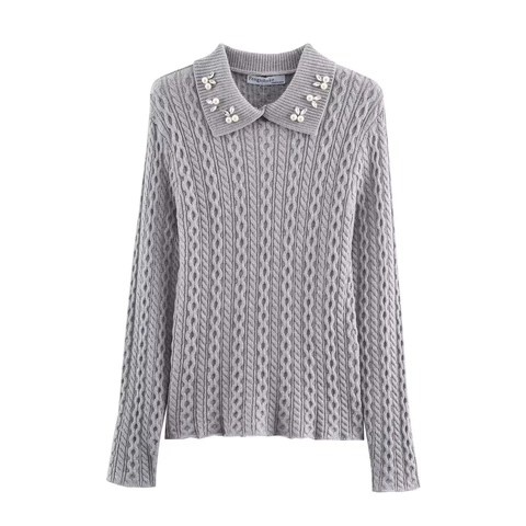 Pull En Maille Torsadée Femmes Künstliche Perle Rhinestone Col Polo Acrylique Polyester Manches Longues Élégant