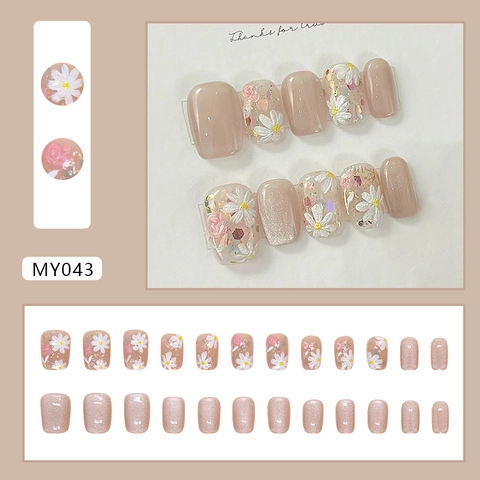 Press On Nails Katzenaugeneffekt Rosa Nude Blumendesign Kurze Ballettform Falsche Nagelspitzen Glänzend Süßer Stil