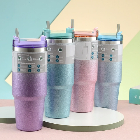 Shimmer Glitter Vacuum Insulated Tumbler Stainless Steel Travel Coffee Mug With Straw And Three Way Lid Portable Car Cup