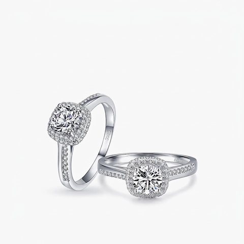 Anello In Argento Sterling 925 Halo Quadrato Zirconia Cubica Fidanzamento Matrimonio Gioielli Eleganti Per Donna