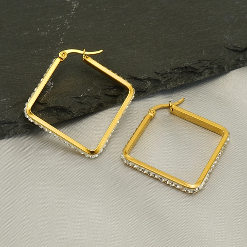 Stainless Steel Rhinestone Square Hoop Earrings 18K Gold Plated Minimalist Geometric Fashion Jewelry For Women