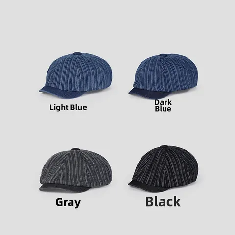 Béret à Visière en Denim Lavé Vintage à Rayures Chapeau Ivy Rétro Britannique Ajustable Casquette Plate pour Hommes Femmes