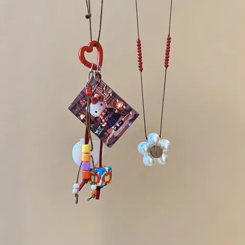 Vintage Zoete Lange Hanger Ketting Hars Legering Bloem Cartoon Kat Motief Kleurrijke Kralen Hart Gesp Charme