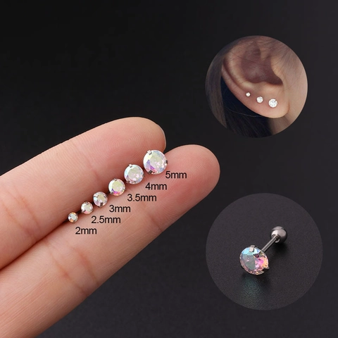 Orecchino Cartilagine Orecchio In Zircone AB Rotondo Iridescente Acciaio Inossidabile Placcato Oro Sfera Vite Piercing Helix