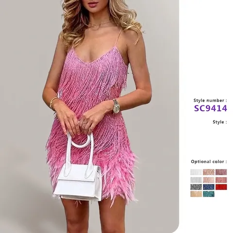 Mini Abito Da Donna Con Scollo A V E Spalline Sottili Con Paillettes Frange E Finiture In Piume Party Sexy