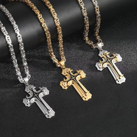 Cross Pendant Necklace Stainless Steel Double Layer Byzantine Chain Religious Gothic Punk Jewelry For Men