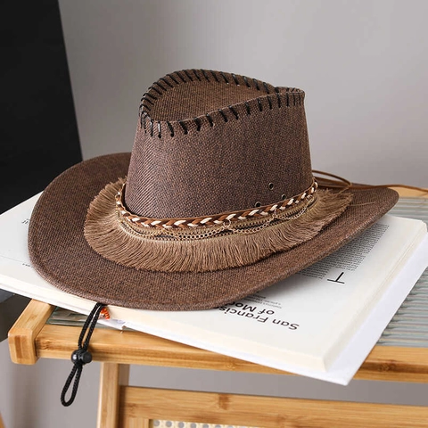 Western Cowboy Hat Woven Wide Brim Sun Protection Tassel Metal Chain Decoration Windproof Adjustable Strap Beach Vacation Unisex