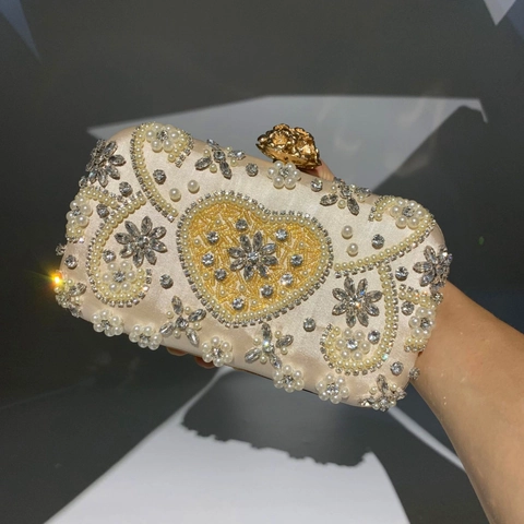 Elegant Evening Clutch Bag Satin Beaded Faux Artificial Pearl Rhinestone Heart Flower Clasp Wedding Party Handbag For Women